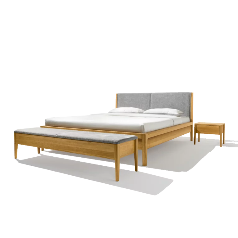 Bett aus Massivholz mit der mylon Bank gepolstert und mylon Nachtkästchen mylon Bett aus Eiche Massivholz mit Kopfhaupt in Stoff, mylon Bank gepolstert und mylon Nachtkästchen