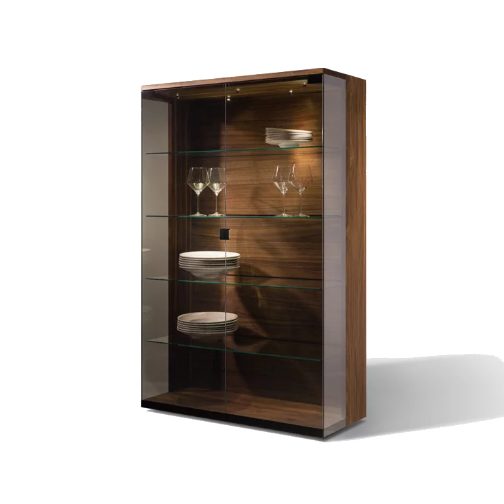 modern nox display cabinet in walnut with illuminated highlight in palladium glass