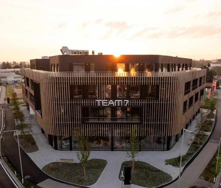 Newly opened TEAM 7 World building at sunset