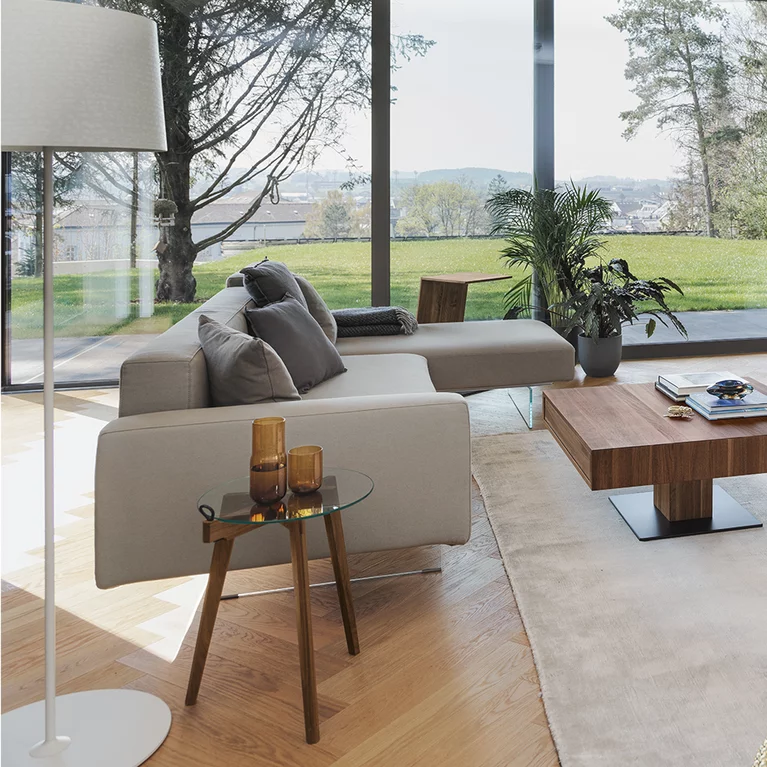 hi! side table round with the lift coffee table, sidekick side table and the filigno wall unit in walnut