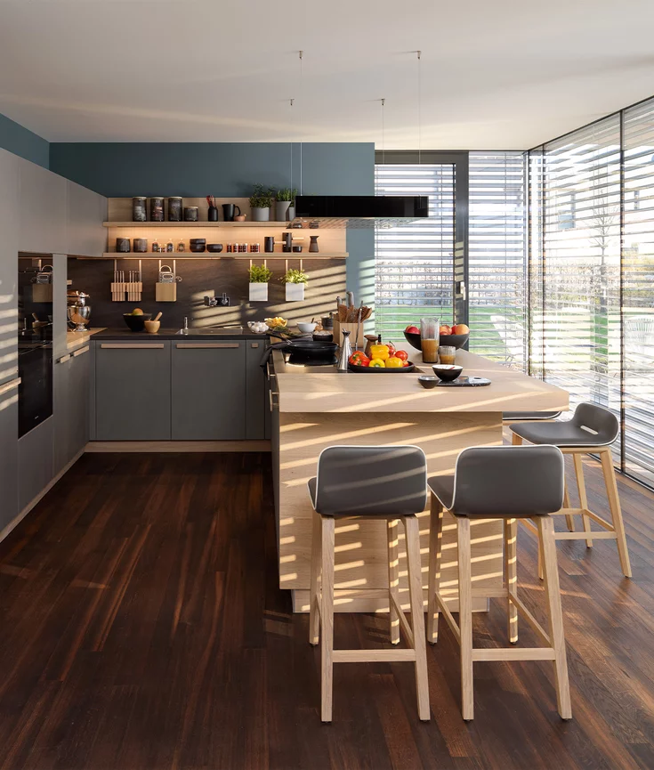 cera line solid wood kitchen in oak white oil with bar top and ark bar stools