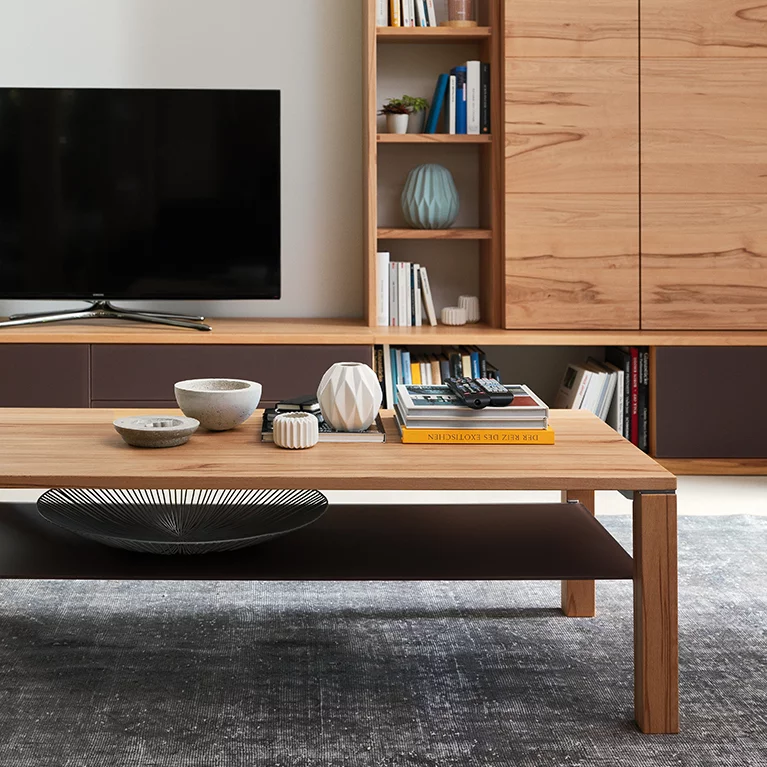 square coffee table cubus made of solid beech heartwood with glass shelf for additional storage space