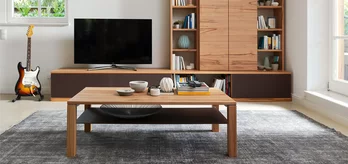 square coffee table cubus made of solid beech heartwood with glass shelf for additional storage space