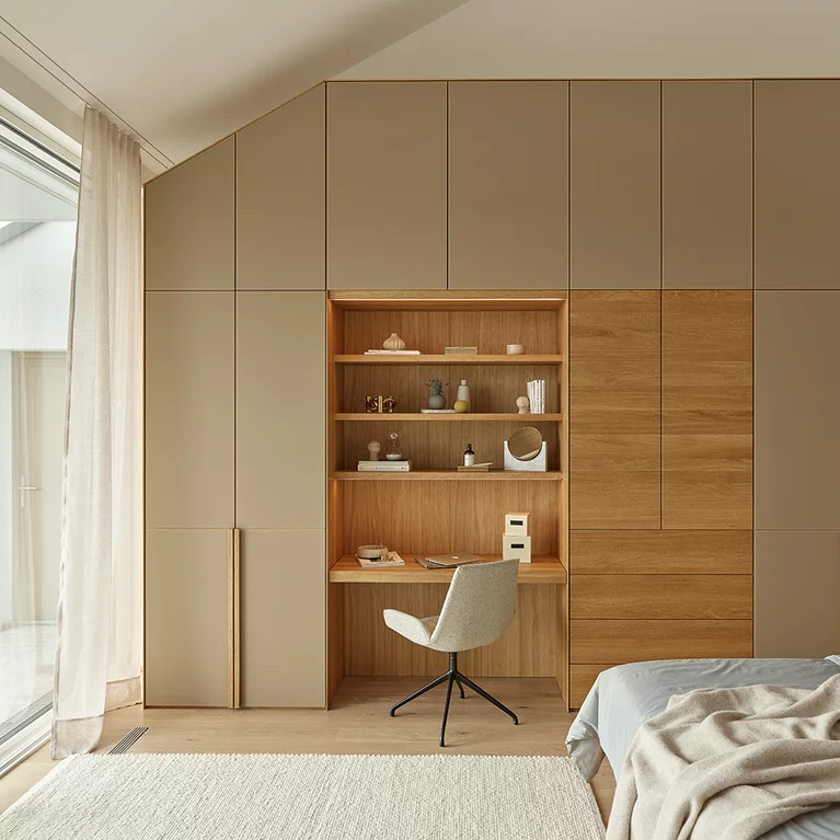 slanted wardrobe with desk made of solid oak and coloured glass pebble matt matching the lui plus chair