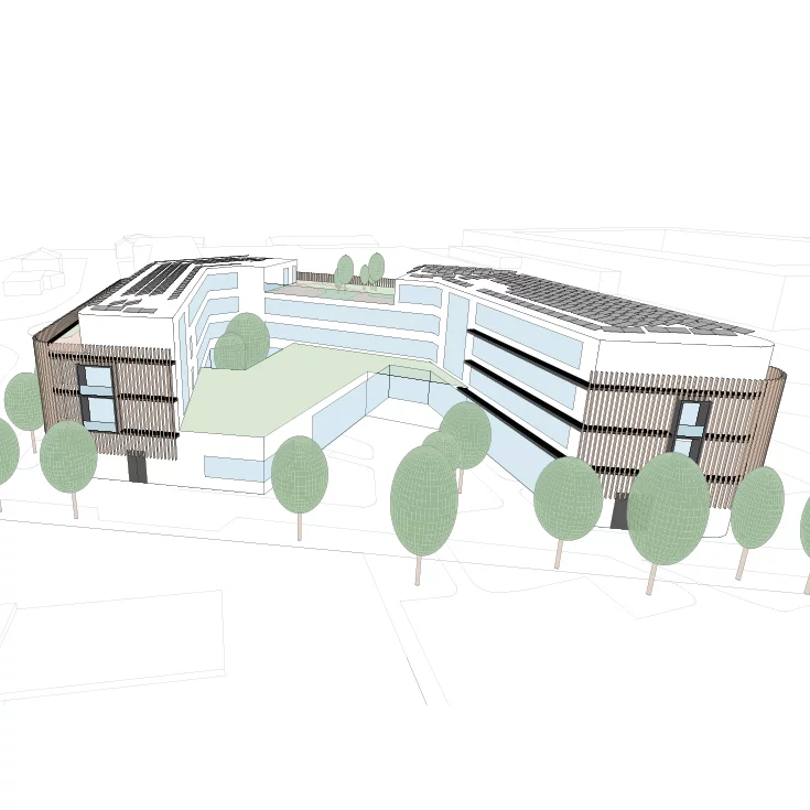 Construction drawing of the TEAM 7 World with green roof and trees