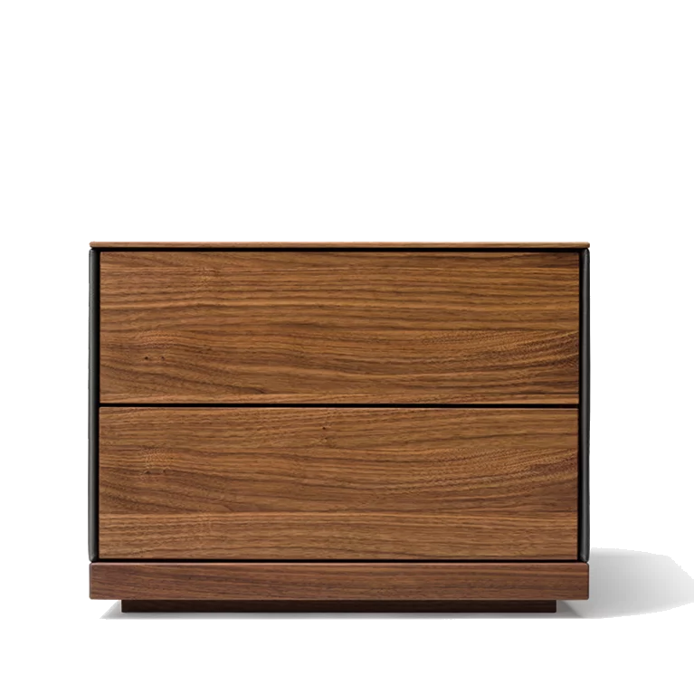 riletto bedside table in solid walnut with leather side panel