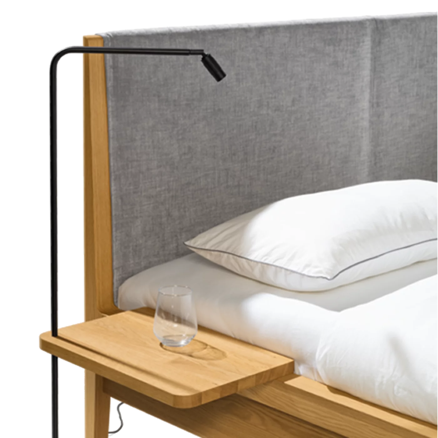 mylon bed with bedside cabinet and upholstered headboard in solid oak