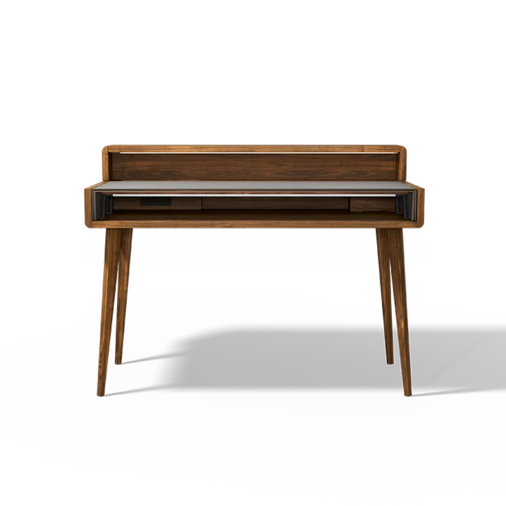 secretary desk with extendable walnut drawer unit and leather-covered desktop