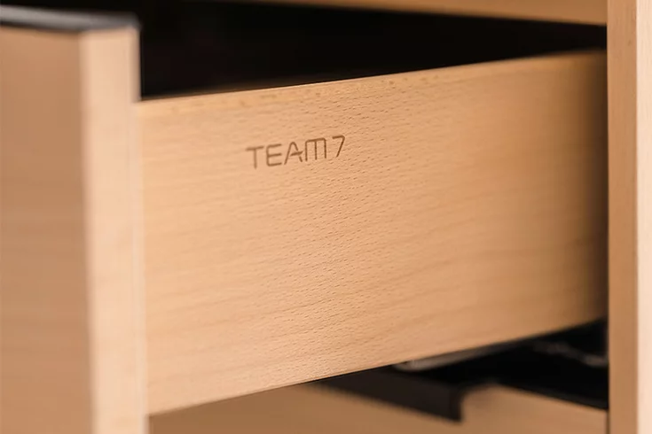 Detailed view of solid wood kitchen drawer in beech from TEAM 7