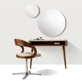 sol solitaire in solid walnut supported by two legs, worktop upholstered in leather and girado chair with base frame