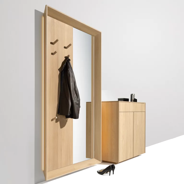 filigno plank in oak white oil with the large haiku mirror panel with lighting