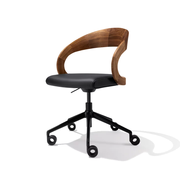 girado swivel desk chair with wooden backrest in solid oak and genuine leather seat on a black swivel base with castors