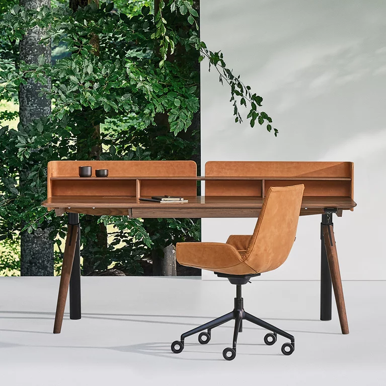 pisa Schreibtisch in Nussbaum mit dem lui plus Bürodrehstuhl in Naturleder