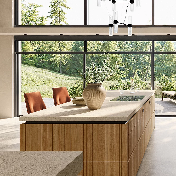 Modern solid wood designer kitchen island echt.zeit evo in natural oiled oak with all-round recessed grip