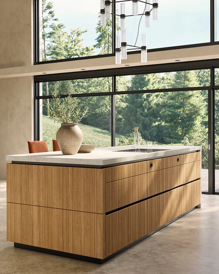 echt.zeit evo kitchen island in solid oak with all-round vertical millings