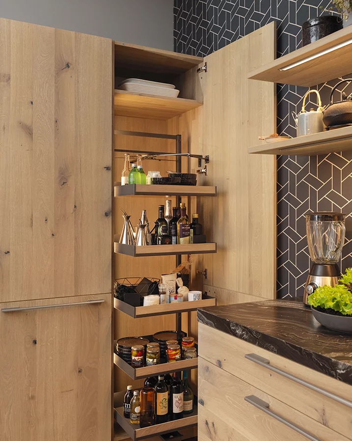 loft natural wood kitchen in wild oak white oil, tall unit with practical dividers