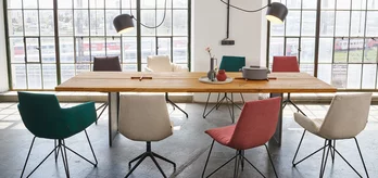 dining table echt.zeit natural wood in rustic brushed oak with frame in burnished steel and the lui chair family