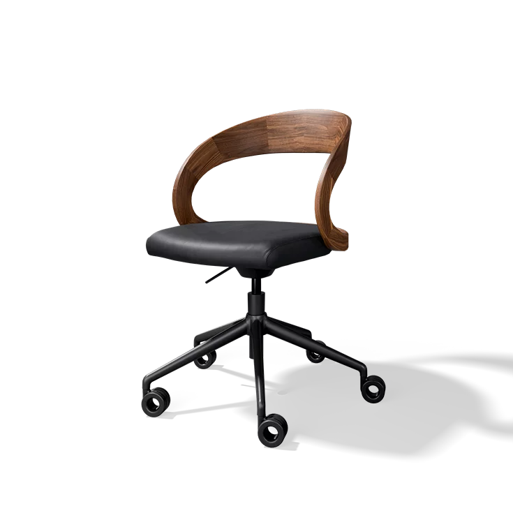 girado office swivel chair in solid walnut with leather seat cover on swivel base with castors
