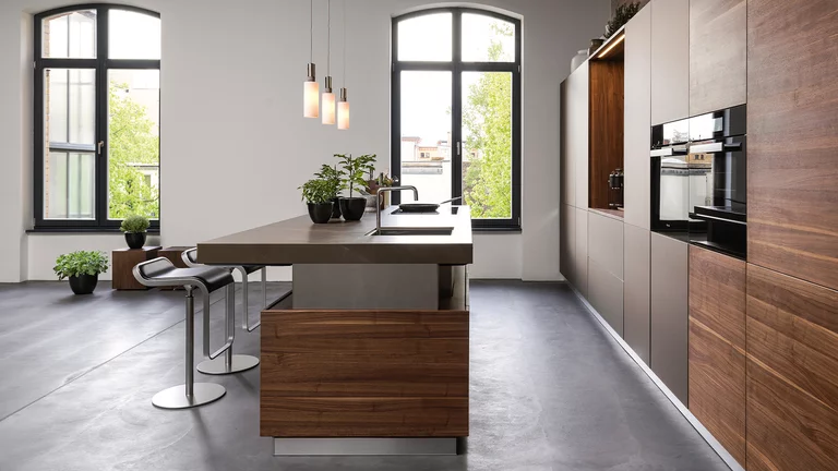 k7 kitchen island linee wall unit in walnut with coloured glass fronts bronze matt