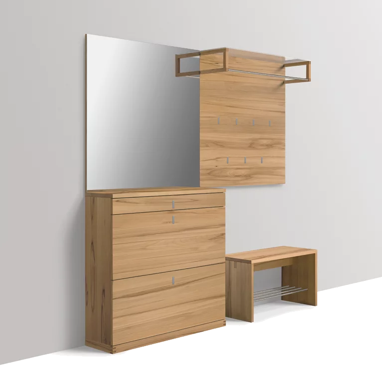 Seitansicht cubus Dielenkombination hängend in Eiche Massivholz mit Spiegel und Farbglas weiß