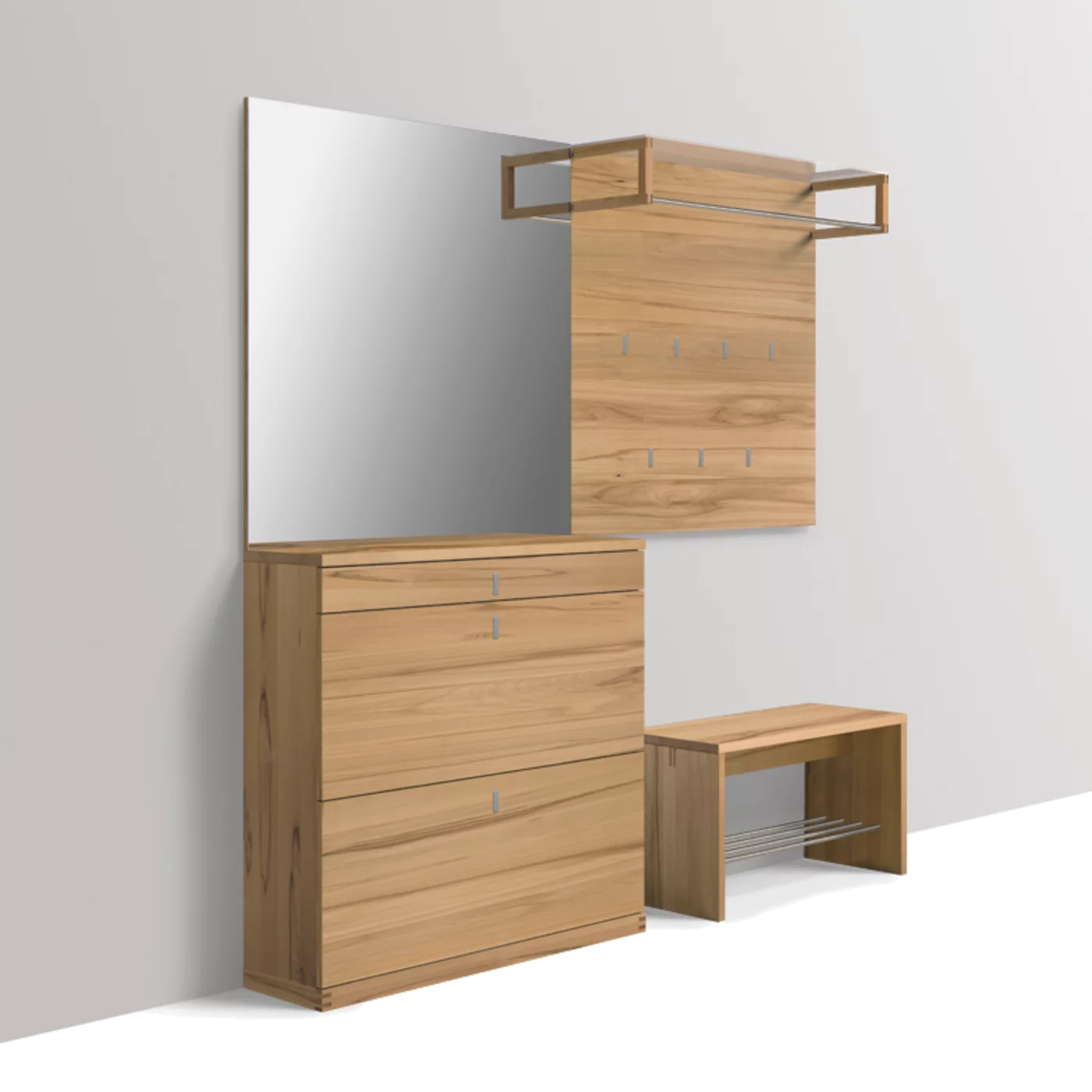 side view of cubus wall mounted plank combination in solid oak with mirror and white coloured glass