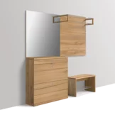 side view of cubus wall mounted plank combination in solid oak with mirror and white coloured glass