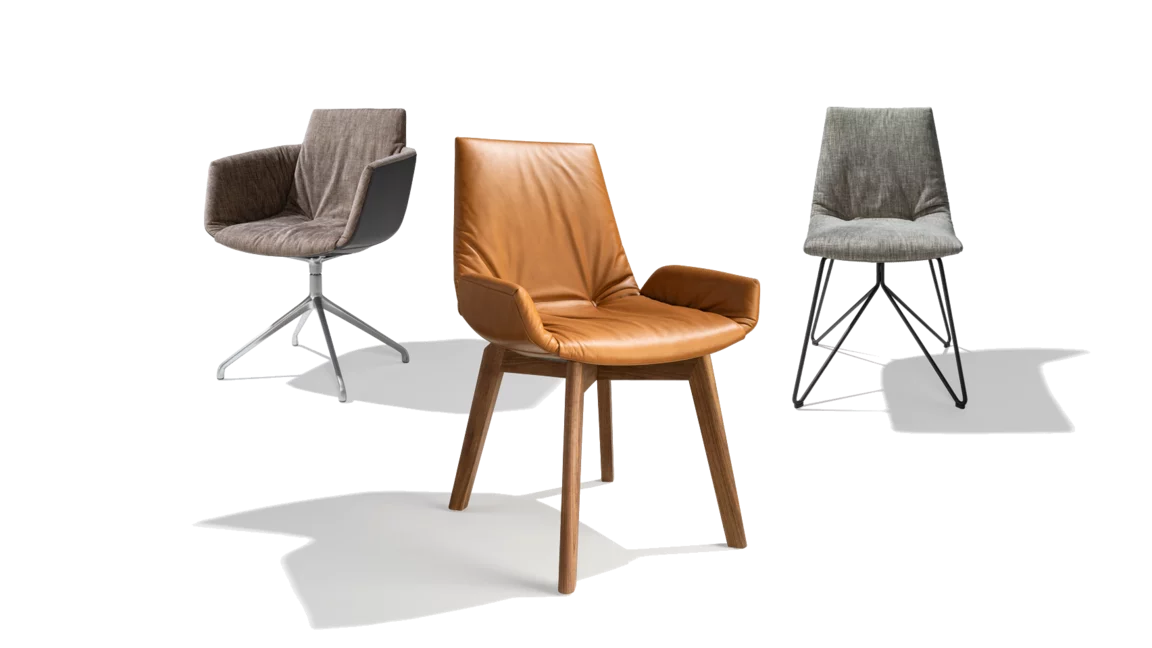 lui chair family in leather or fabric with wooden, swivel or wire frame