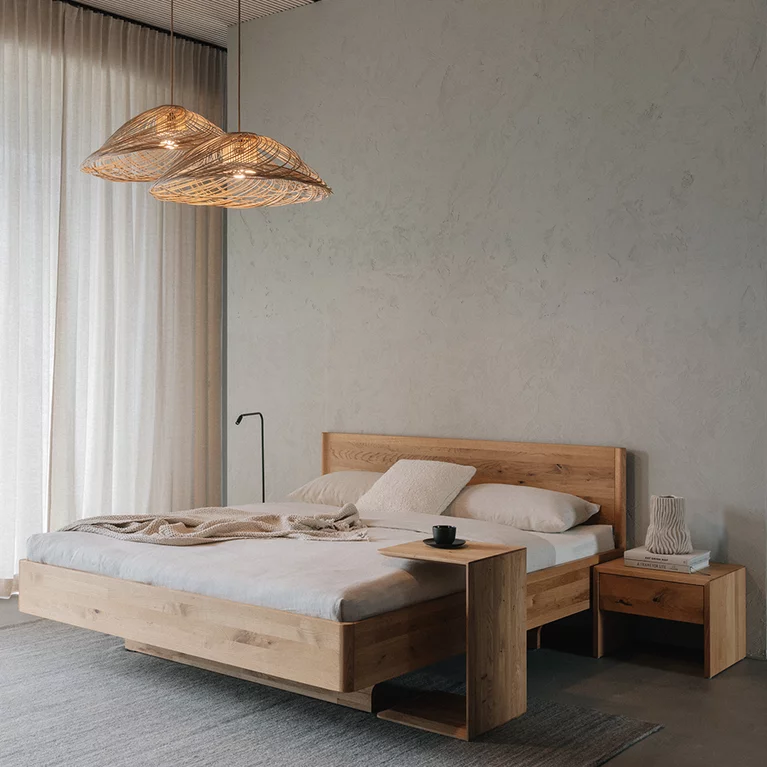 times bed in solid oak wild with clip side table and lunetto bedside table in solid oak