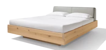 nox natural wood bed in wild oak white oil with leather headboard