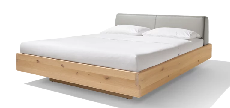 nox natural wood bed in wild oak white oil with leather headboard