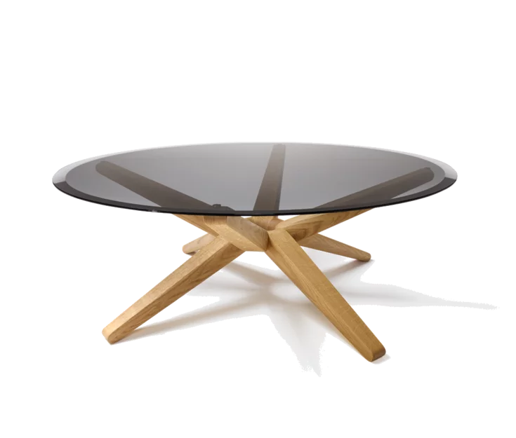 Coffee table stern with solid wood frame in natural oiled oak with smoked glass top