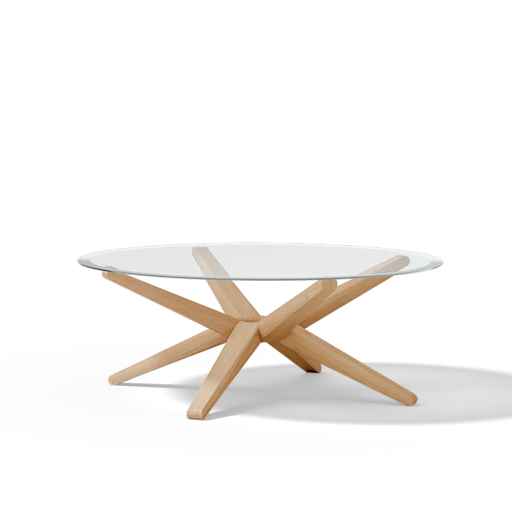 stern Couchtisch aus Massivholz Eiche Weißöl mit runder Glasplatte