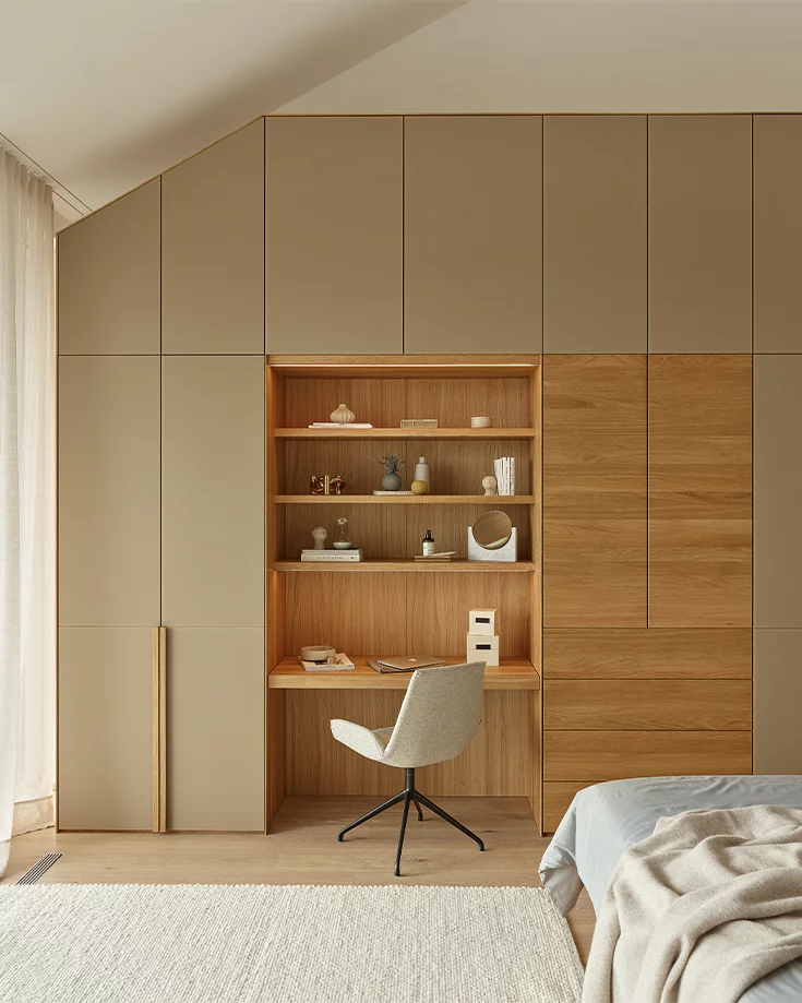 lunetto hinged door wardrobe with intermediate element dressing table in oak matching the lui plus chair with swivel base in matt black