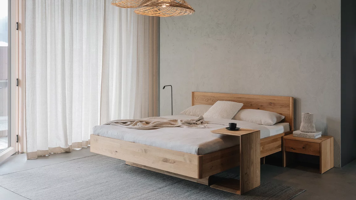 clip side table together with the times solid wood bed and the lunetto bedside cabinet in wild oak