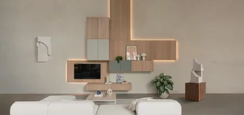 filigno suspended wall units in solid oak white oil with TV and lighting