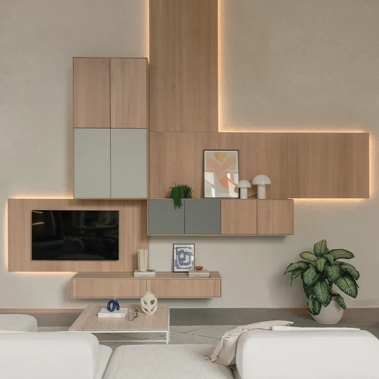 filigno suspended wall units in solid oak white oil with TV and lighting