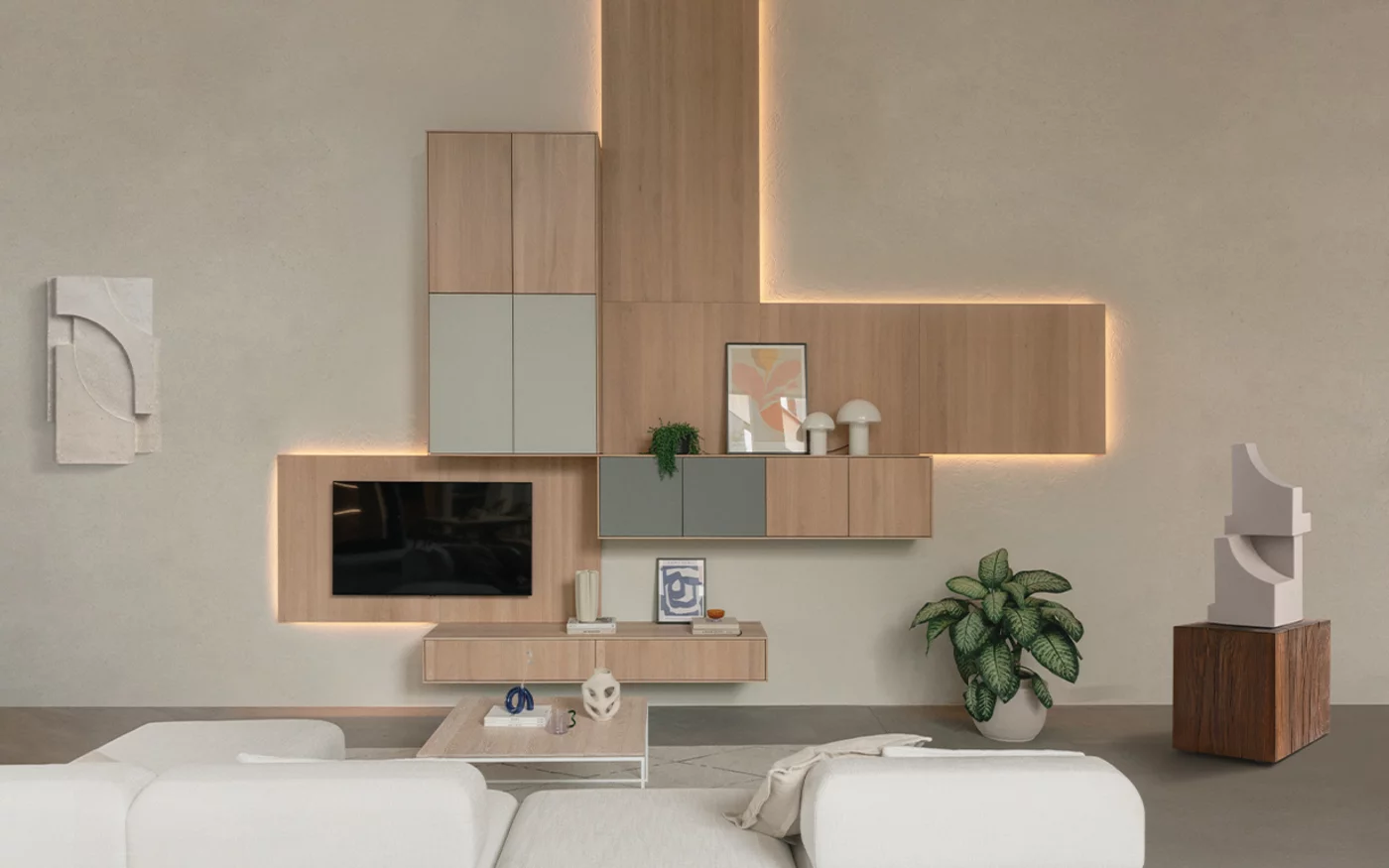 filigno suspended wall units in solid oak white oil with TV and lighting