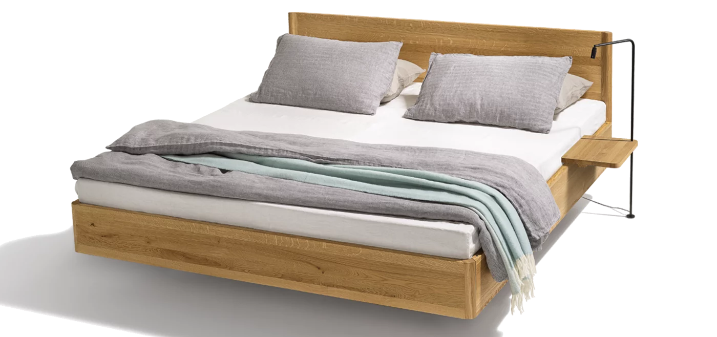 times bed made of solid oak wild with wooden console including lighting as bedside table