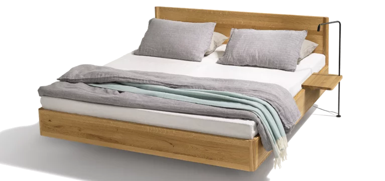 times bed made of solid oak wild with wooden console including lighting as bedside table