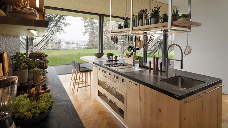 loft natural wood kitchen in wild oak white oil with cooking island and ceiling pendant lighting