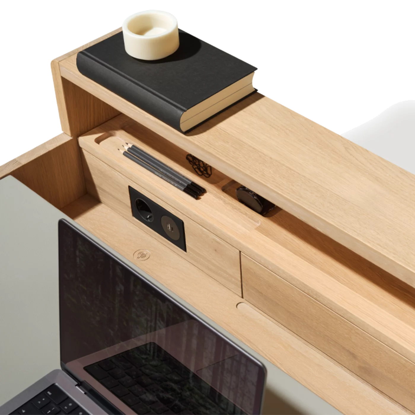 sol Sekretär in Eiche Weißöl mit Steckdose und Ablage, Detailansicht moderner sol Sekretär in Holz Eiche Weißöl mit Steckdose und Ablage, Detailansicht