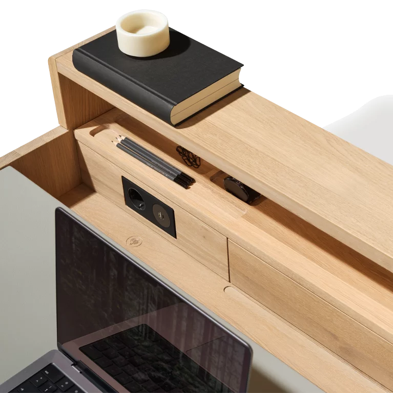 modern sol secretary in oak white oil with socket and shelf, detailed view