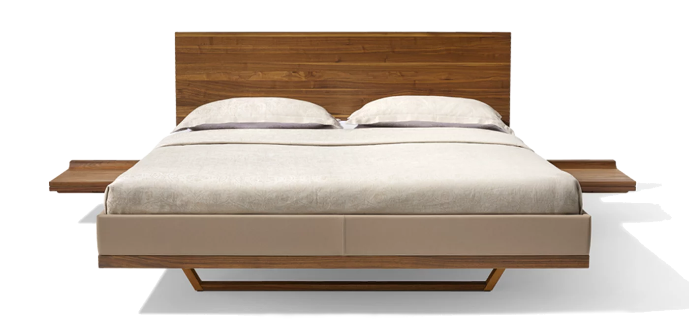 riletto solid wood bed in walnut with wooden headboard, leather frame and bedside console