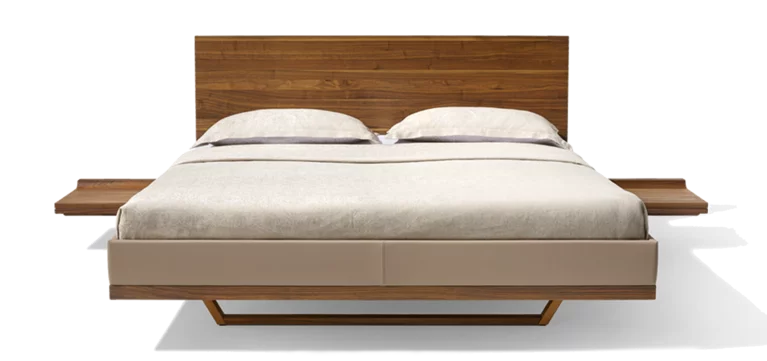 riletto solid wood bed in walnut with wooden headboard, leather frame and bedside console