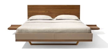 riletto solid wood bed in walnut with wooden headboard, leather frame and bedside console