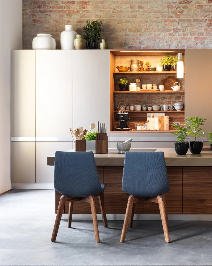k7 kitchen island in walnut with wall unit, niche and lui chairs