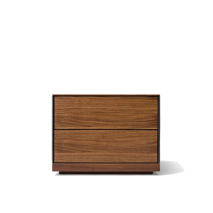 riletto solid wood bedside cabinet in walnut with leather side panel, front view