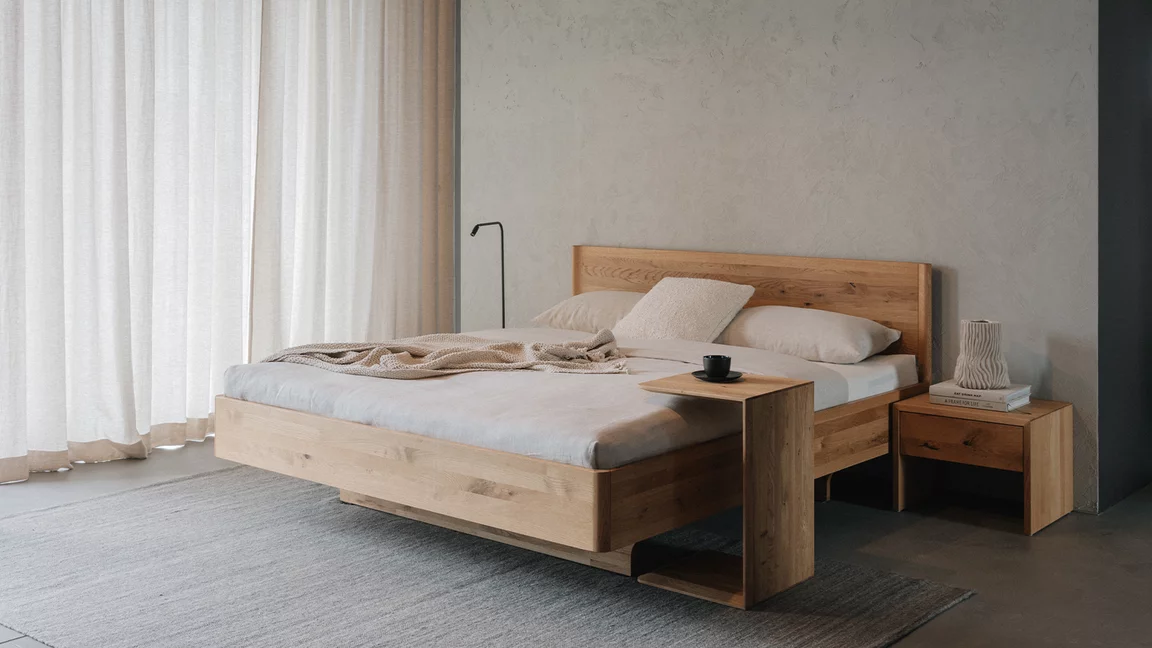times bed in solid oak wild with clip side table and lunetto bedside table in solid oak
