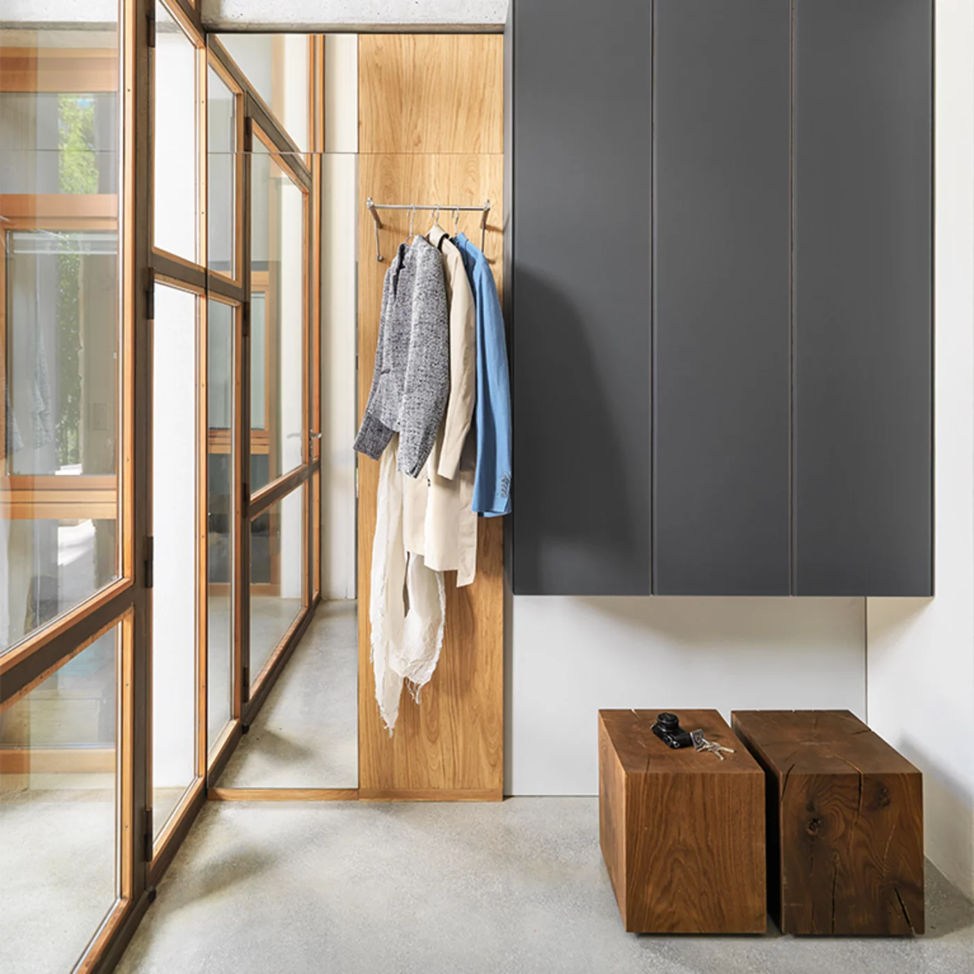 side table smoked oak blocks matching the cubus pure hallway with coloured glass fronts in anthracite