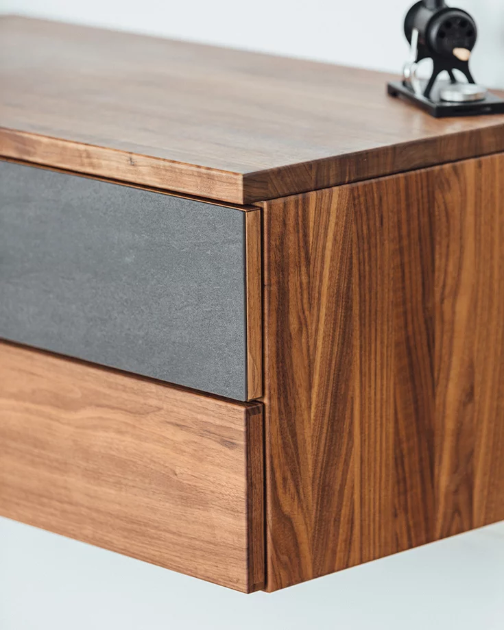 cubus wall unit with walnut drawer and basalt black ceramic, detailed image cubus suspended wall unit with drawers made of solid walnut and basalt black ceramic, detailed picture